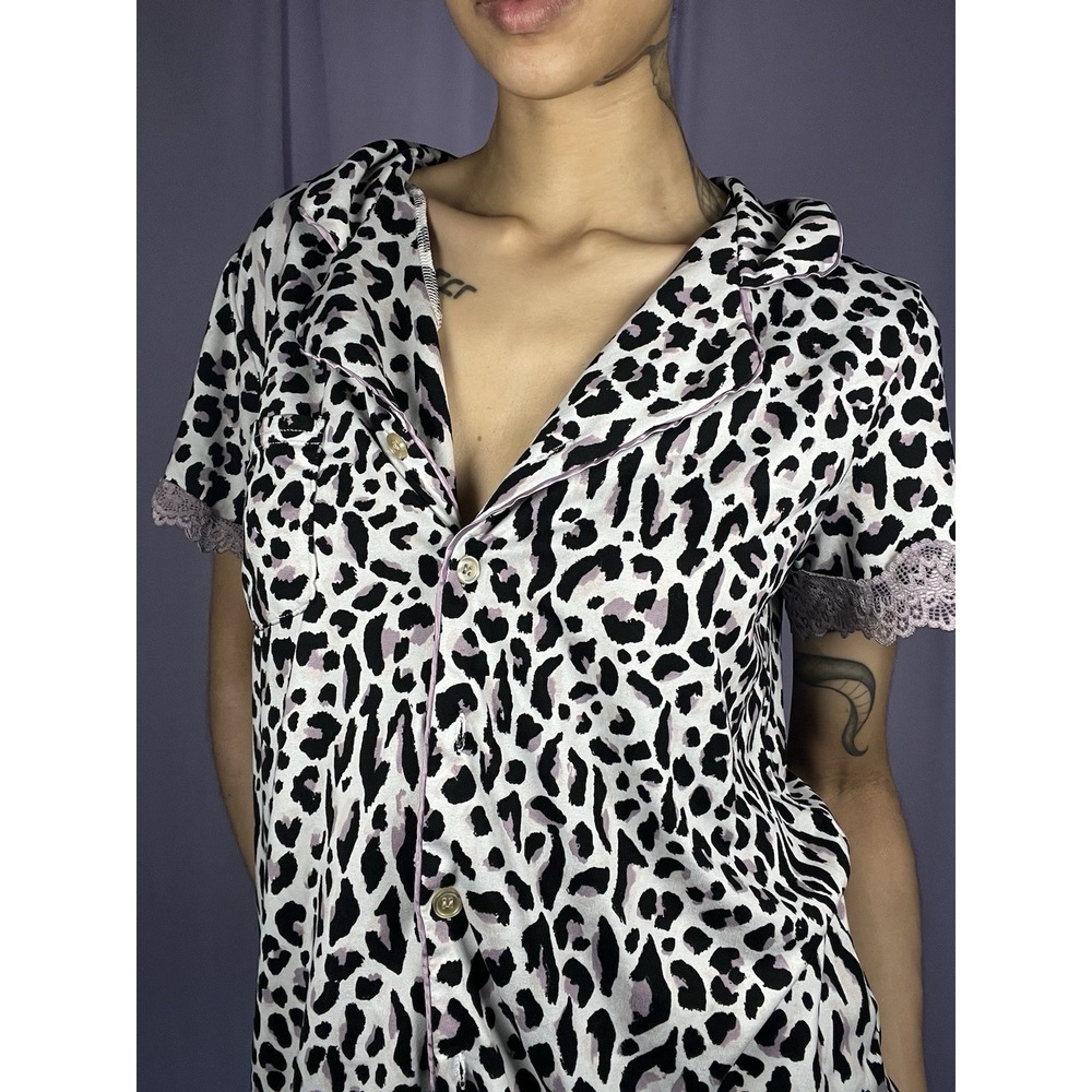 Thalia Sodi Purple Leopard Print Button Down Pajama Set Womens Size S Lace Trim